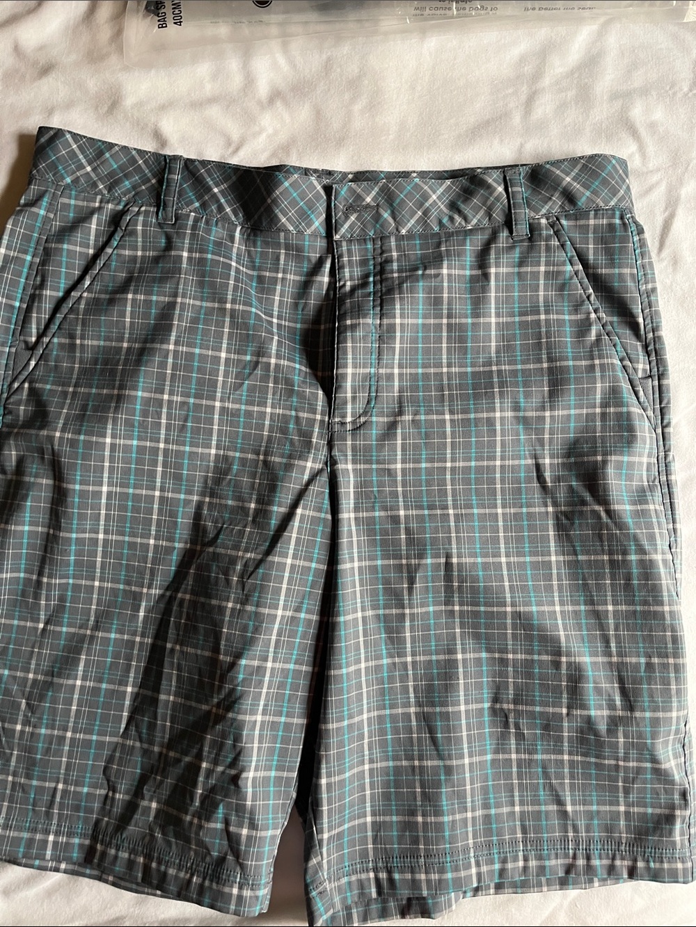 Fila Men's Gray Plaid Flat-Front Shorts with Teal Windowpane